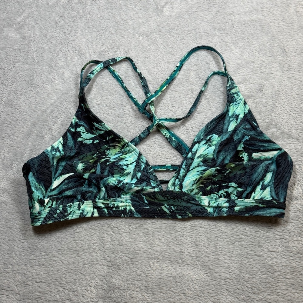 Athleta Aqualuxe Bikini Top Womens L Green Abstract Tropical Strappy Swim 2016